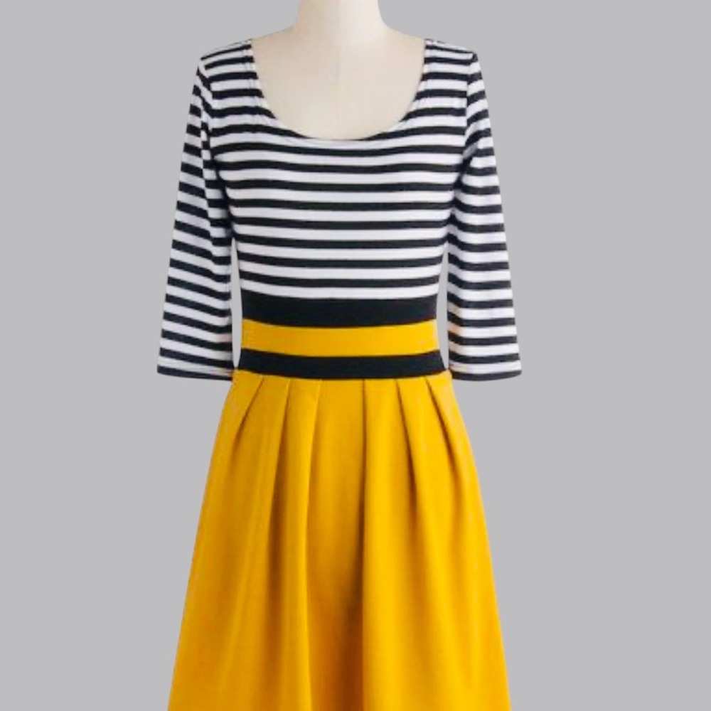 Striped Black & White Top with Mustard Yellow Asymmetrical Dress